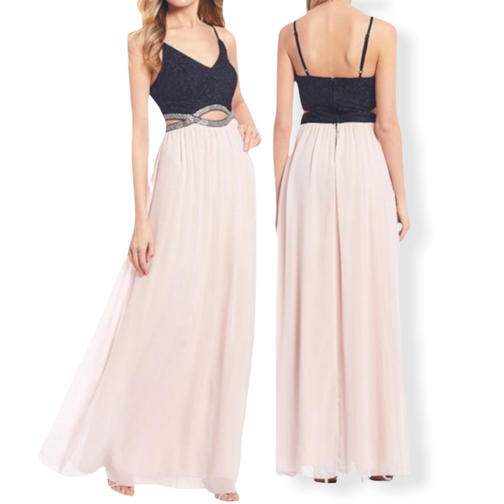 Xtraordinary🖤Lace Bodice Beaded Infinity Waist Long Dress, Blush/Blk, Sz 5, NWT